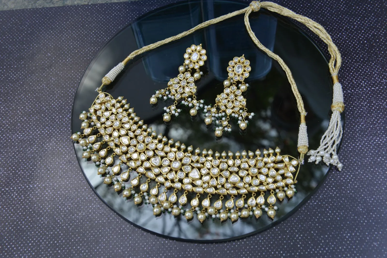 Kundan and pearl bridal choker in gold-polished German silver from Yantraa, Kilpauk Chennai