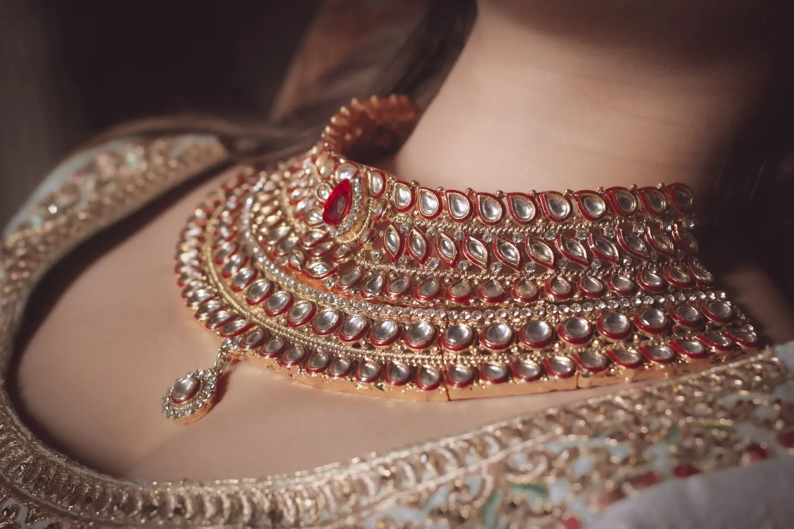 Close detail of kundan stones set into gold-polished German silver