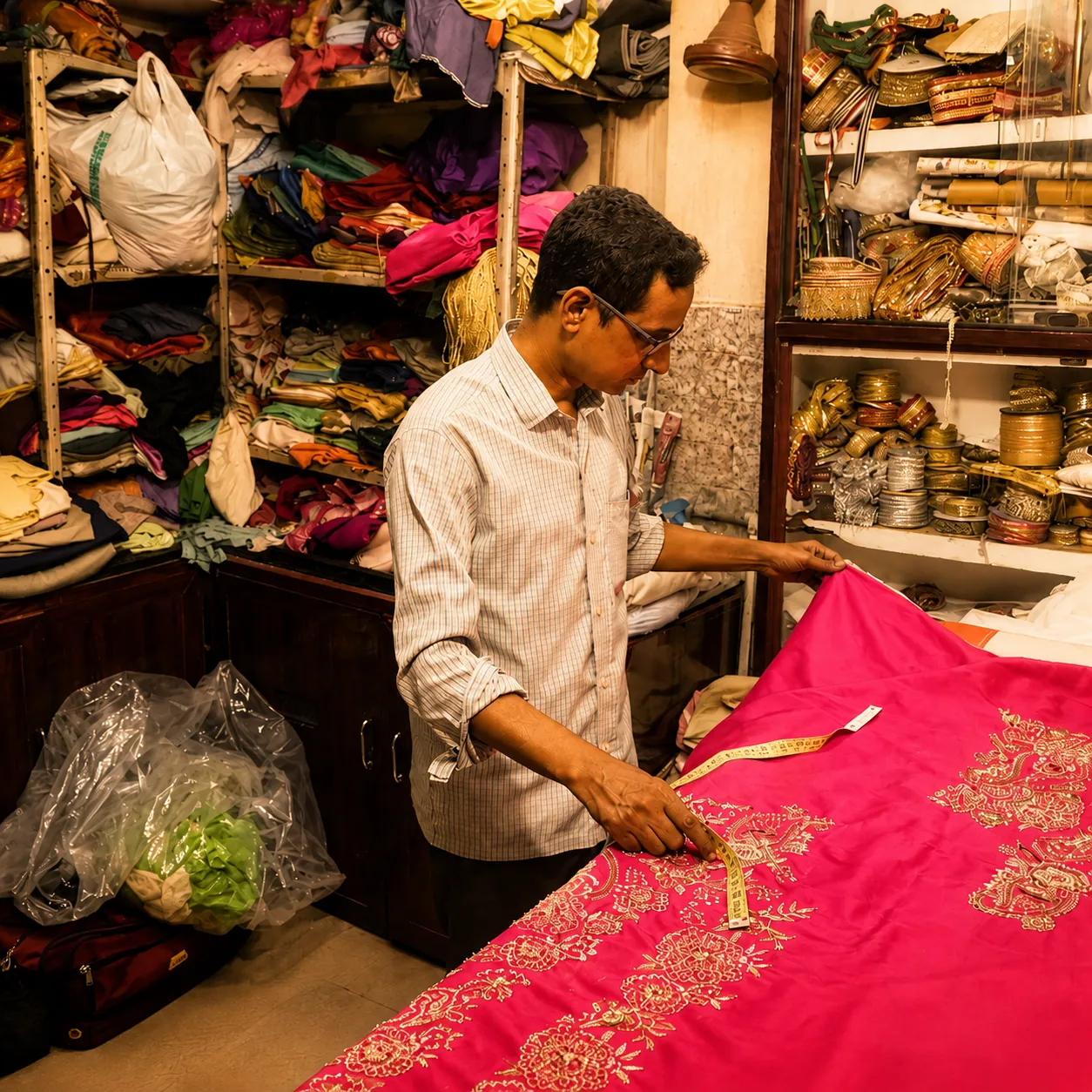 Karigar stitching a raw silk bridal panel